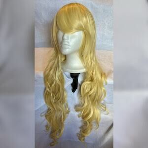 Long Golden Blonde Curly Wig Long Bangs Cosplay Costume